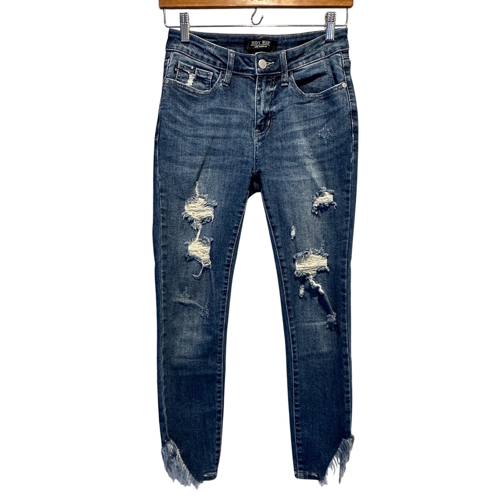 Judy Blue Distressed Raw Hem Jeans Womens 3/26 Mid Rise Blue Denim Grunge Edgy‎